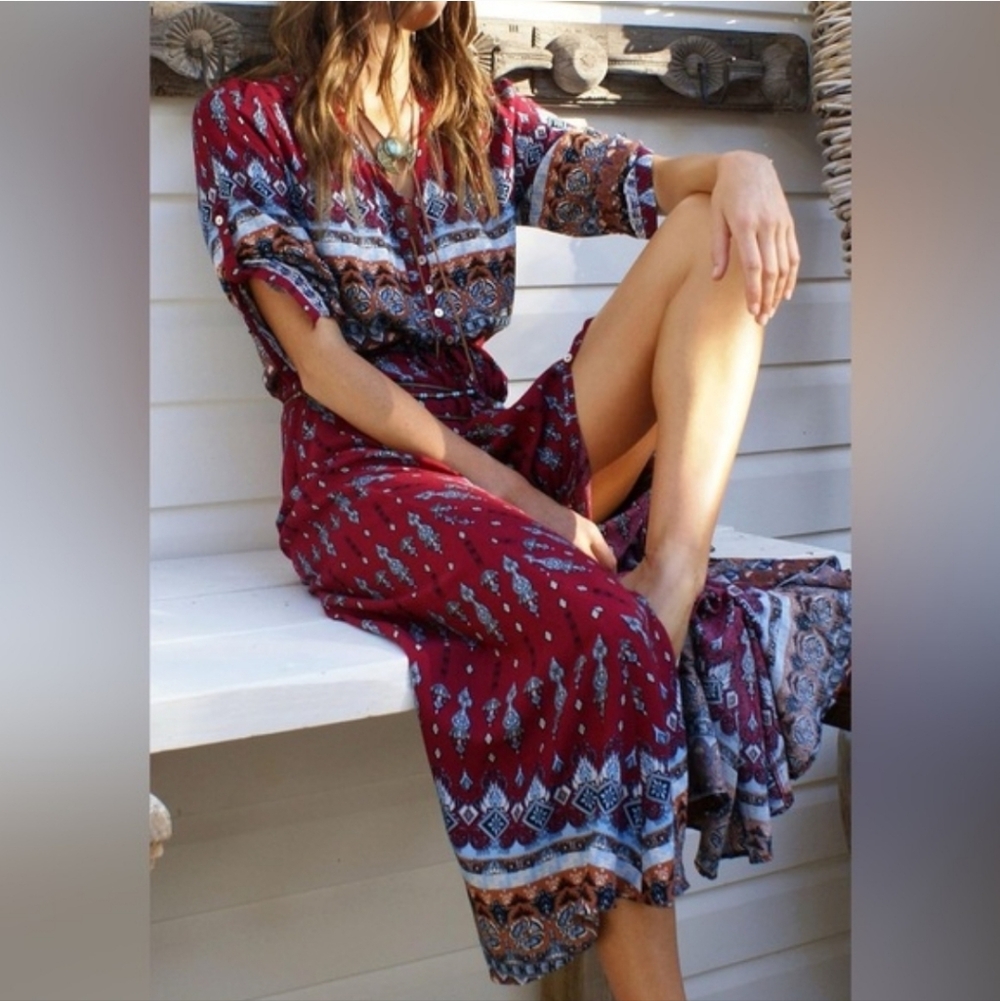 Bohemian Red Maxi Dress Button Front Print Slit Boho Duster Cardigan Casual XL - Picture 3 of 12